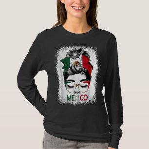 Viva Mexico Messy Bun Hair Mexican Flag Pride Wome T-Shirt