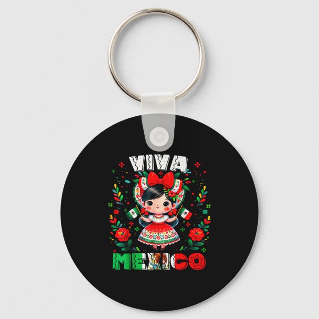 Viva Mexico Mexican Girl Flag Independence Day Gir Keychain (Front)