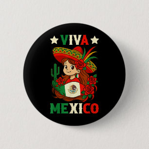 Viva Mexico Mexican Girl Flag Kids Independence 2 Inch Round Button