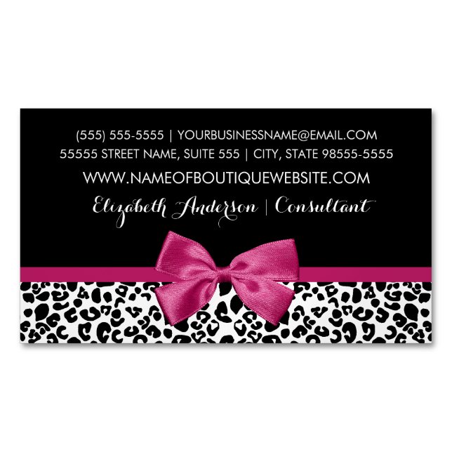 Vivacious Dark Pink Bow Leopard Print Boutique Magnetic Business Card (Front)