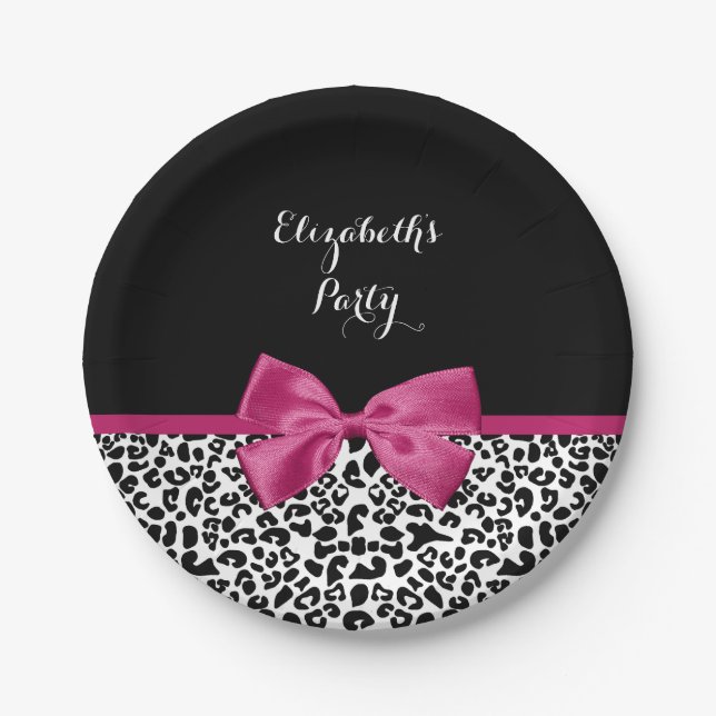 Vivacious Dark Pink Bow Leopard Print With Name Paper Plate (Front)