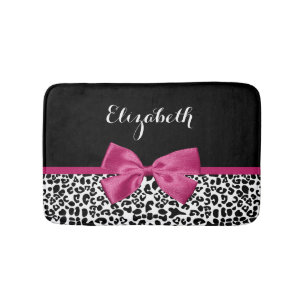 Vivacious Dark Pink Ribbon Leopard Print With Name Bath Mat