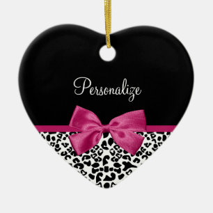 Vivacious Dark Pink Ribbon Leopard Print With Name Ceramic Ornament