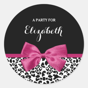 Vivacious Dark Pink Ribbon Leopard Print With Name Classic Round Sticker