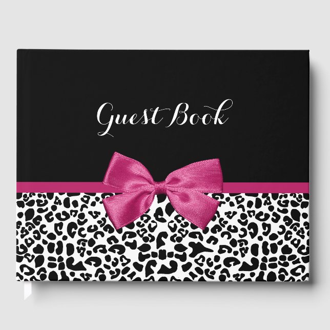 Vivacious Dark Pink Ribbon Leopard Print With Name Guest Book (Front)