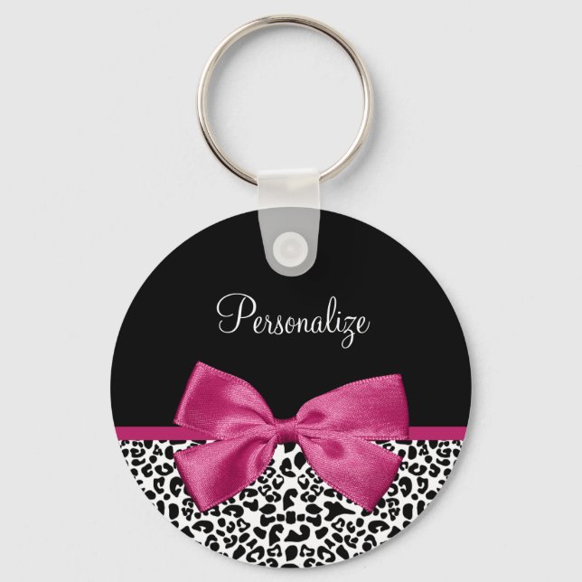 Vivacious Dark Pink Ribbon Leopard Print With Name Keychain (Front)