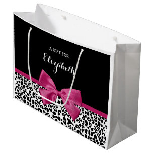 Vivacious Dark Pink Ribbon Leopard Print With Name Large Gift Bag