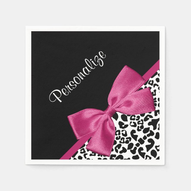 Vivacious Dark Pink Ribbon Leopard Print With Name Napkin (Front)