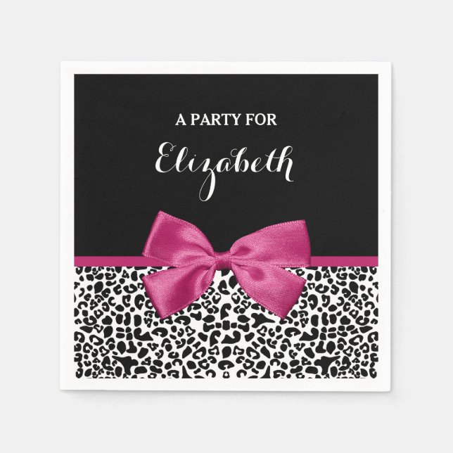 Vivacious Dark Pink Ribbon Leopard Print With Name Napkin (Front)