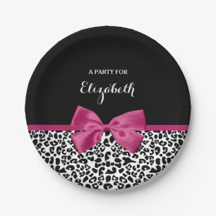 Vivacious Dark Pink Ribbon Leopard Print With Name Paper Plate