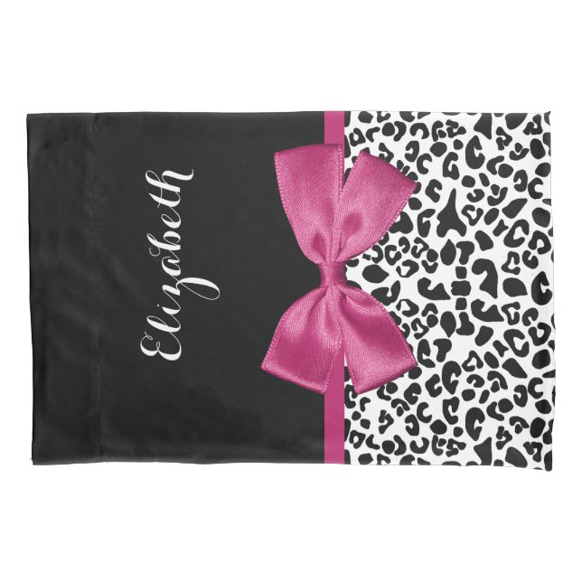 Vivacious Dark Pink Ribbon Leopard Print With Name Pillowcase (Front)