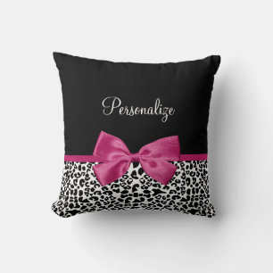 Vivacious Dark Pink Ribbon Leopard Print With Name Throw Pillow