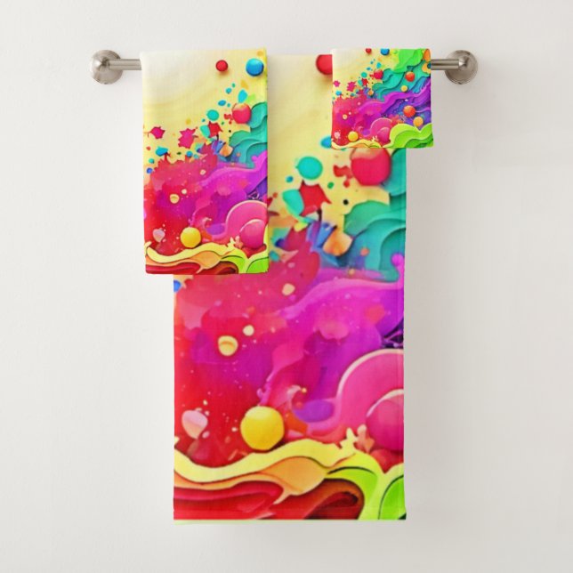 Vivid Abstract Colour Explosion Art Bath Towel Set (Insitu)