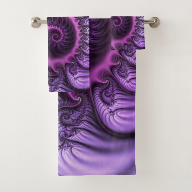 Vivid Abstract Cool Pink Purple Fractal Art Spiral Bath Towel Set (Insitu)