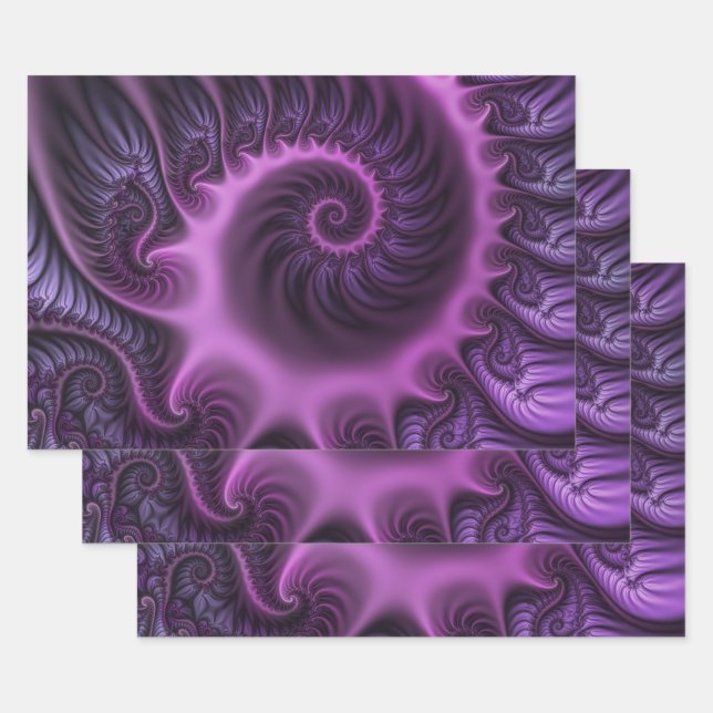 Vivid Abstract Cool Pink Purple Fractal Art Spiral Wrapping Paper Sheet (Set)