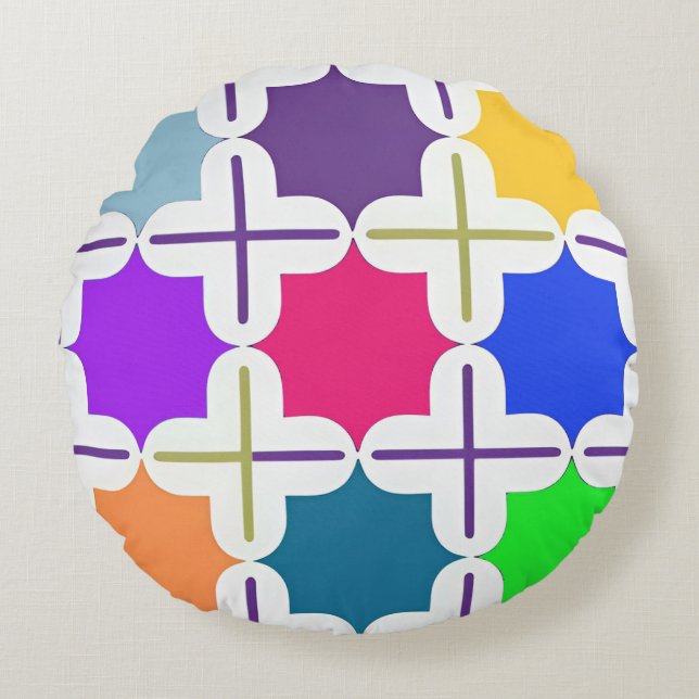 Vivid Abstract Geometric Pattern in Bold Colours Round Pillow (Front)