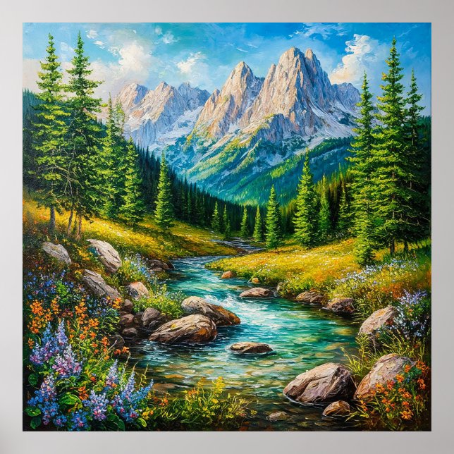 Vivid Alpine Landscape with Blooming Wildflowers Poster (Front)