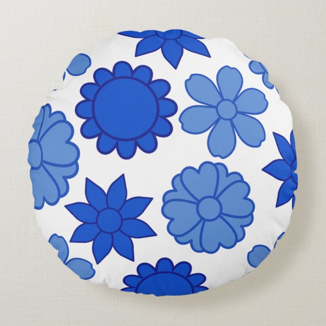 Vivid bleu Floral Coussin rond (Devant)