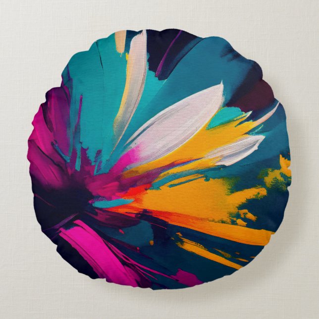 Vivid Bloom – Explosive Abstract Floral Energy Round Pillow (Front)
