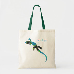 Vivid Blue and Green Fractal Lizard with Name Tote Bag