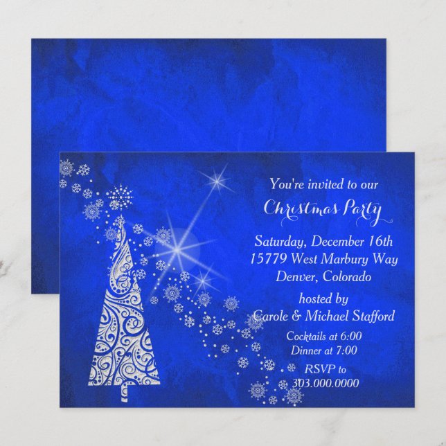 Vivid Blue Christmas Tree Party Invitation (Front/Back)