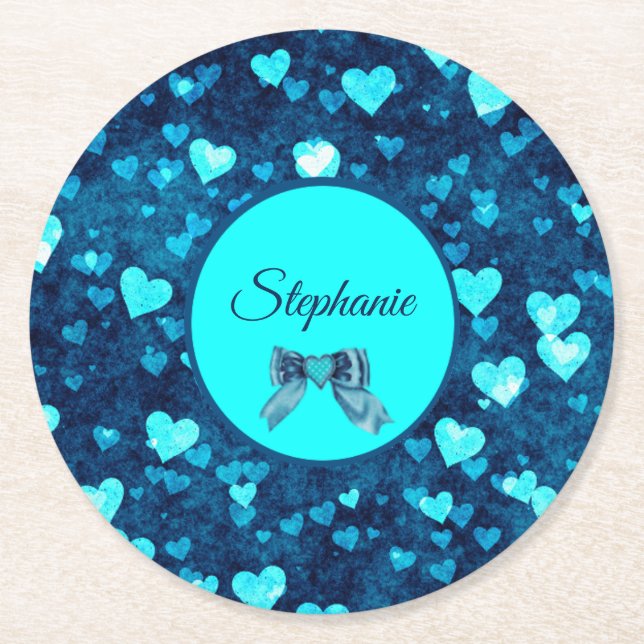 Vivid Blue Hearts Round Paper Coaster (Front)