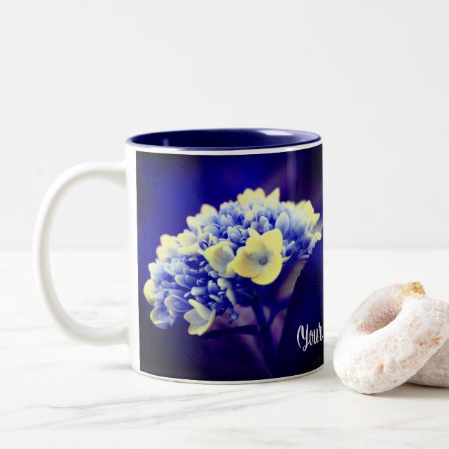 Vivid Blue Hydrangea Flower Personalized Two-Tone Coffee Mug (With Donut)