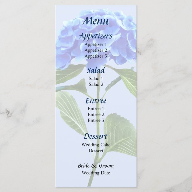 Vivid Blue Hydrangea Wedding Menu (Front)