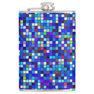 Vivid Blue Multicolored Square Tiles Pattern Hip Flask