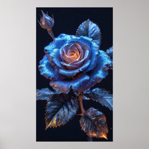 Vivid Blue-Rose Flower with a Metallic Glow Poster
