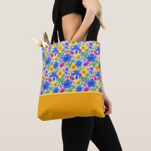 Vivid Blue Yellow Red Purple Flowers Color Block Tote Bag