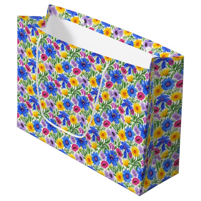 Vivid Blue Yellow Red Purple Flowers Pattern Large Gift Bag (Front Angled)