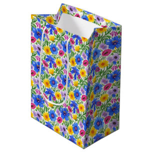 Vivid Blue Yellow Red Purple Flowers Pattern Medium Gift Bag