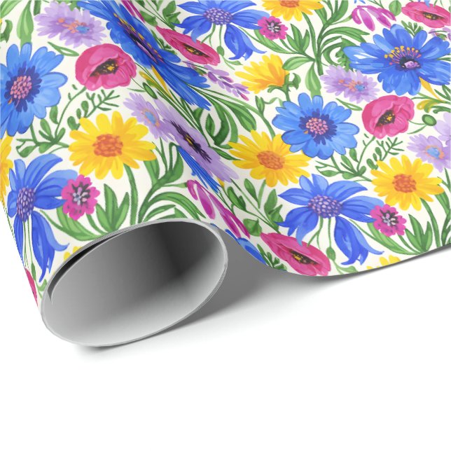 Vivid Blue Yellow Red Purple Flowers Pattern Wrapping Paper (Roll Corner)