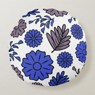 Vivid Brown & Deep Blue Floral Round Pillow