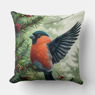 Vivid Bullfinch Perched on a Snowy Branch Throw Pillow