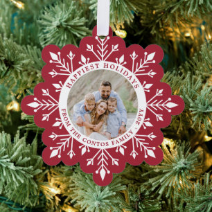 Vivid Burgundy Snowflake Happy Holidays Photo Ornament Card