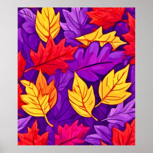 Vivid Cartoon Leaves: Purple, Yellow, Red Poster