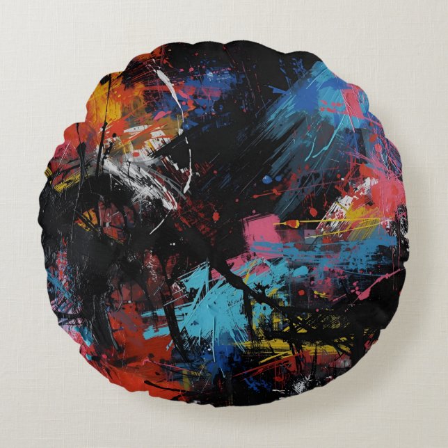 Vivid Chaos – Bold Abstract Expressionist Art Prin Round Pillow (Front)