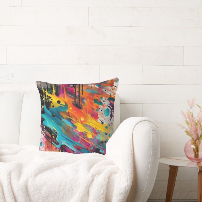 Vivid Chaos Splash Graffiti Throw Pillow (Couch)