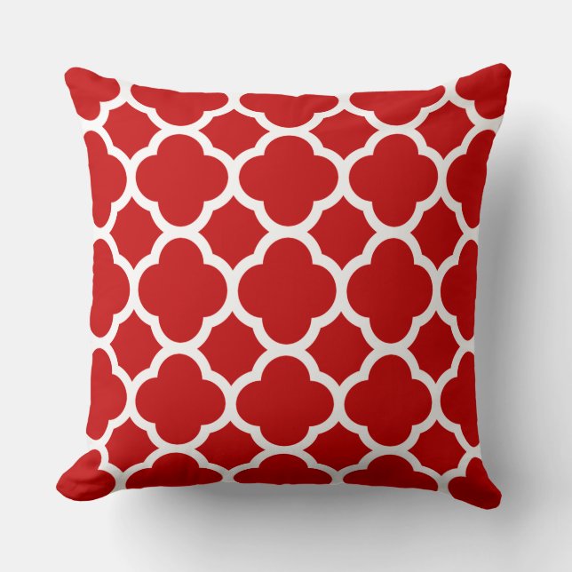 Vivid Cherry Red and White Quatrefoil Pattern Throw Pillow (Front)