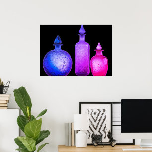Vivid Coloured Glass Perfume Bottles On a Wall Poster