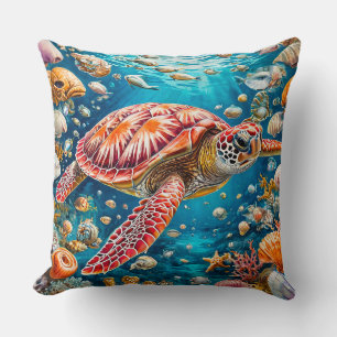 Vivid Coral Reef Scene With Sea Turtle and Marine Throw Pillow