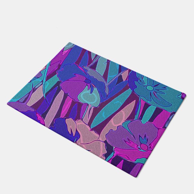 Vivid Dark Blue Purple Midnight Flowers Fine Art Doormat (Angled)