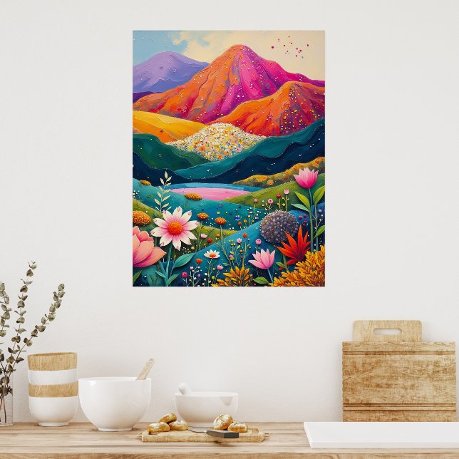 Vivid Floral Mountain Landscape – Vibrant Nature  Poster (Kitchen)