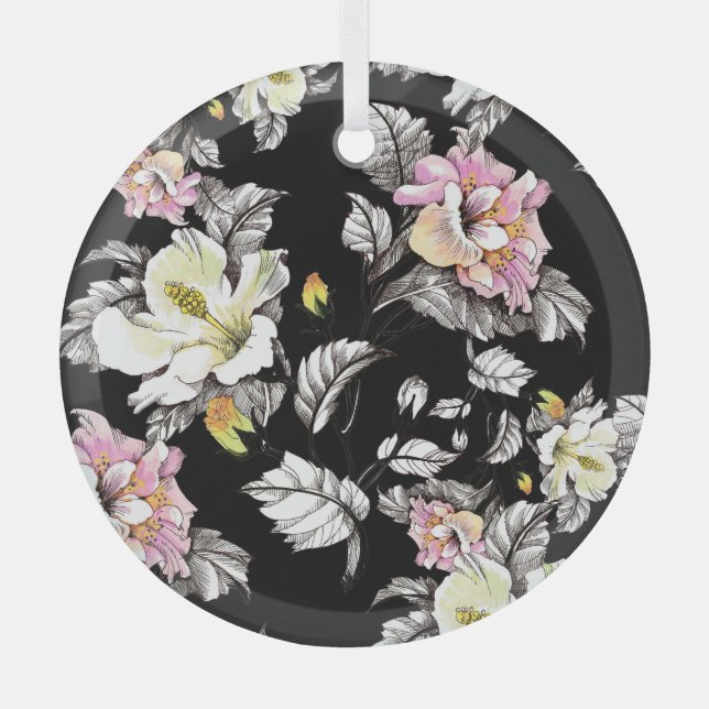 Vivid Floral Watercolor: Black Background Glass Ornament (Front)
