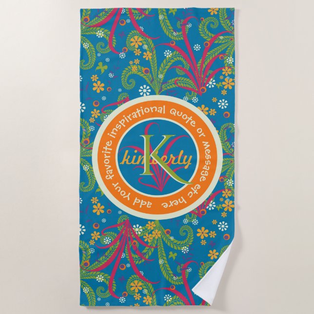 Vivid Foliage Summer Greenery Botanical Monogram Beach Towel (Front)