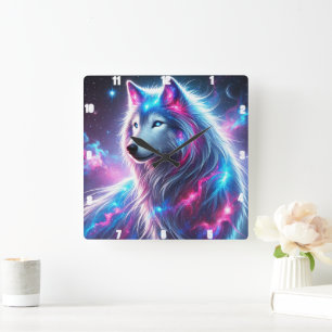 Vivid Galaxy Wolf Vibrant Celestial and Ethereal Square Wall Clock