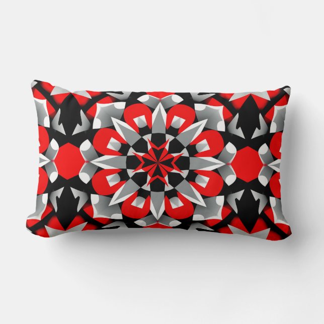 Vivid Geometric Mandala Design with Red, Black Lumbar Pillow (Front)