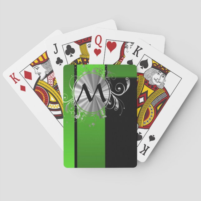 Vivid green and black monogram playing cards (Back)